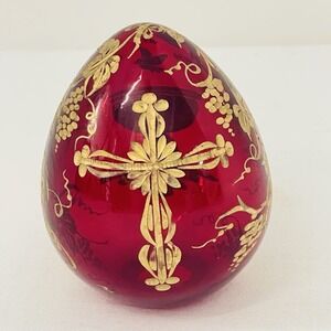 Russian Red Glass Egg Cross Dove Grapes Etched Gold St. Petersburg 4"